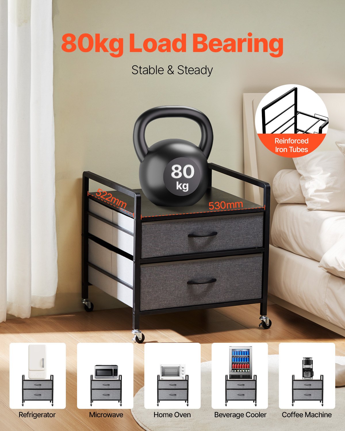 VEVOR Mini stojak na kółkach do lodówki, uchwyt na lodówkę o udźwigu 80 kg, stolik pod mini lodówkę z 2 szufladami i 4 kółkami obrotowymi, mobilna półka na lodówkę do akademika, biura, szara