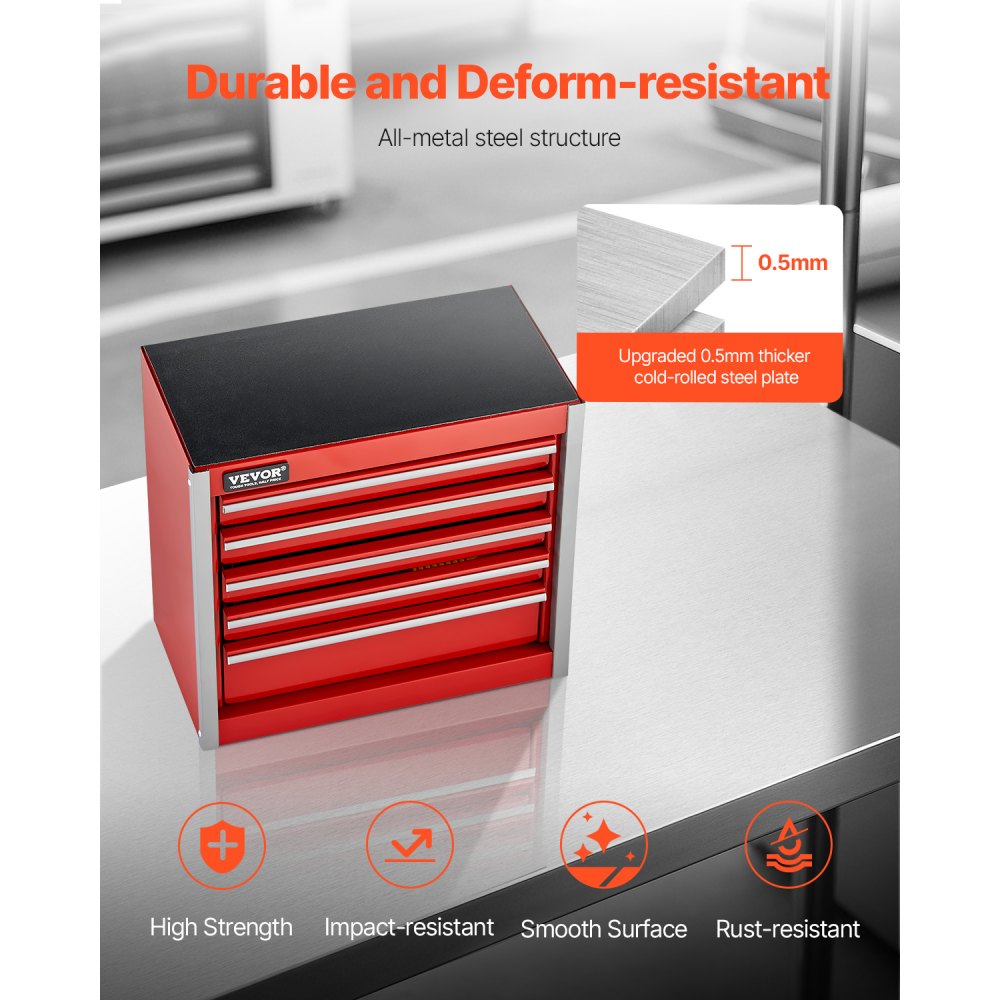 VEVOR Tool Box 218 x 118 x 205 mm, Metal Tool Box with 5 Drawers, Tool Case with EVA Inserts and PP Foot Pads, Robust Steel with Ball Bearing Opening and Powder Coating, Red