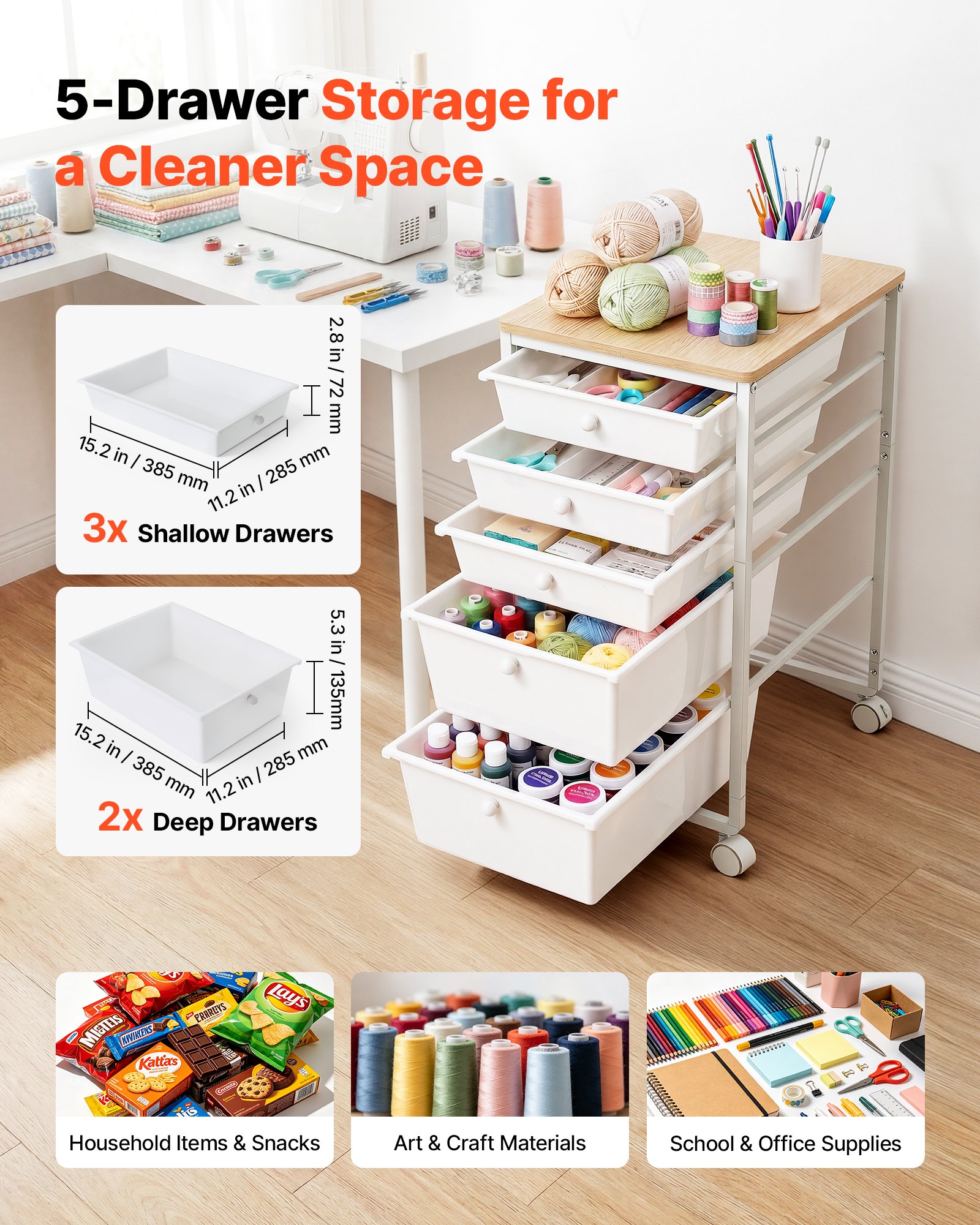 Wózek VEVOR z 5 szufladami, mobilny pojemnik na kółkach 400x330x635 mm, biały, metalowa rama, drewniany blat, uchwyty, kółka obrotowe z 2 hamulcami, wózek magazynowy do biura, pracowni rzemieślniczej, sypialni