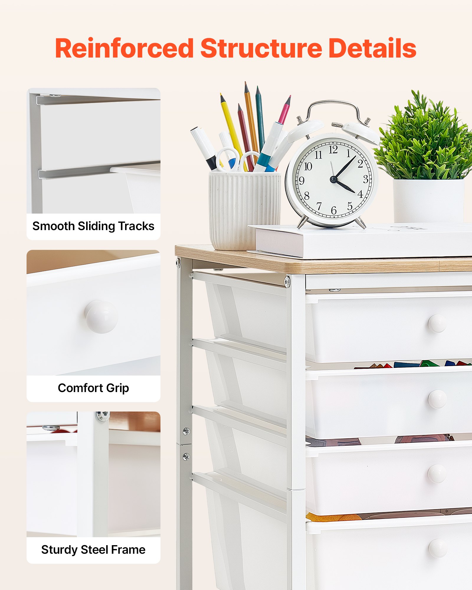Wózek VEVOR z 5 szufladami, mobilny pojemnik na kółkach 400x330x635 mm, biały, metalowa rama, drewniany blat, uchwyty, kółka obrotowe z 2 hamulcami, wózek magazynowy do biura, pracowni rzemieślniczej, sypialni