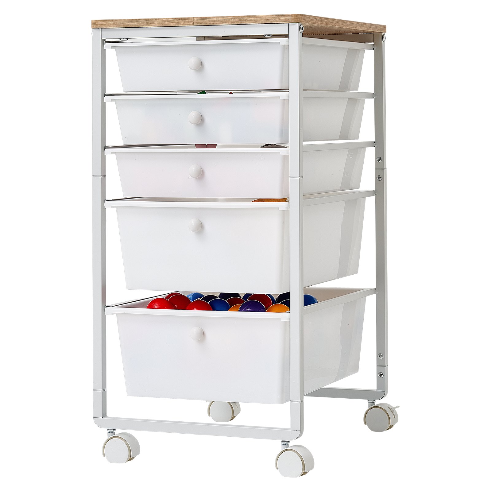 Wózek VEVOR z 5 szufladami, mobilny pojemnik na kółkach 400x330x635 mm, biały, metalowa rama, drewniany blat, uchwyty, kółka obrotowe z 2 hamulcami, wózek magazynowy do biura, pracowni rzemieślniczej, sypialni