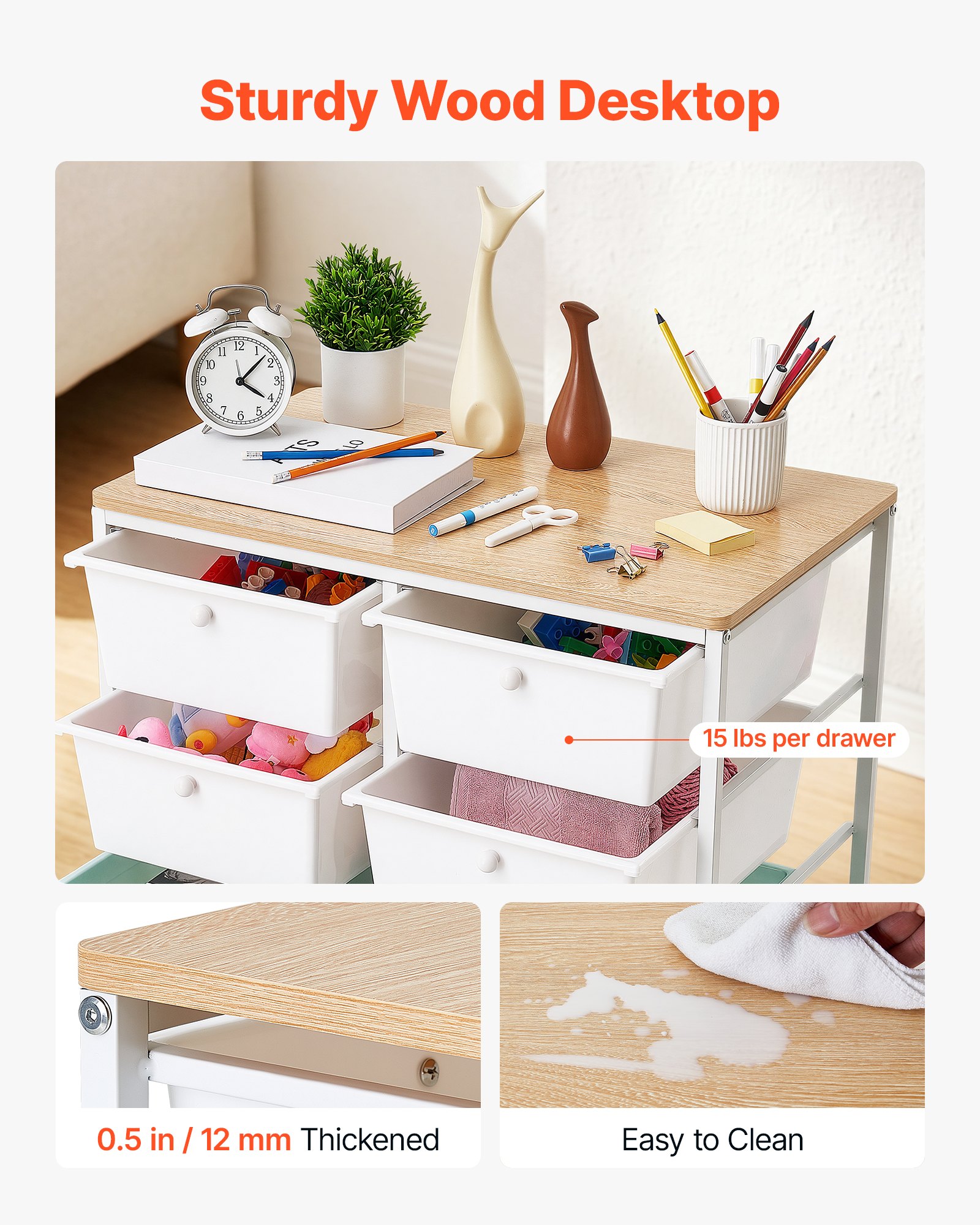 Wózek VEVOR na kółkach z 10 szufladami, podwójny rząd, PP, 630 x 390 x 895 mm, niebiesko-biały, metalowa rama, drewniany blat, uchwyty, kółka obrotowe z 2 hamulcami, mobilny wózek z szufladami do biura, warsztatu, pracowni rzemieślniczej