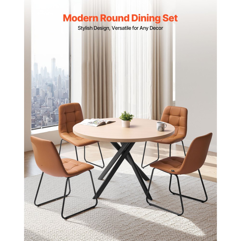 VEVOR 5-Piece Dining Table Set, Space-Saving Round Kitchen Table with 4 Upholstered Orange Chairs, PU Leather Cushions, Modern Wood-Tone Desk with Adjustable Foot Pads for Dining Room, Small Spaces