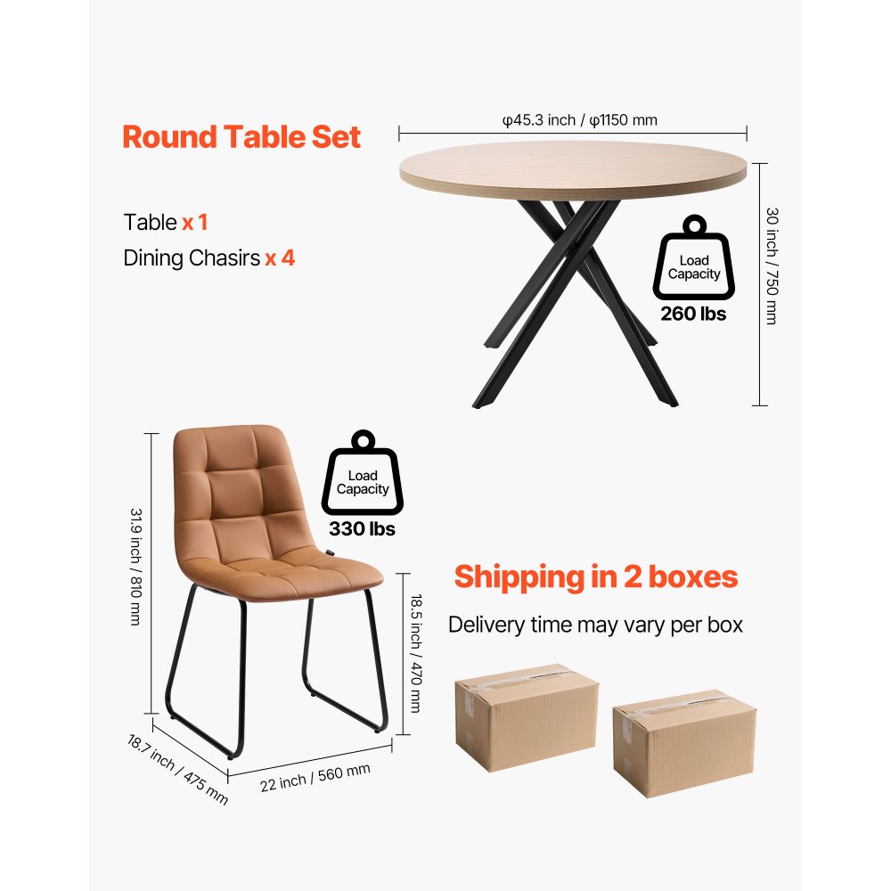 VEVOR 5-Piece Dining Table Set, Space-Saving Round Kitchen Table with 4 Upholstered Orange Chairs, PU Leather Cushions, Modern Wood-Tone Desk with Adjustable Foot Pads for Dining Room, Small Spaces
