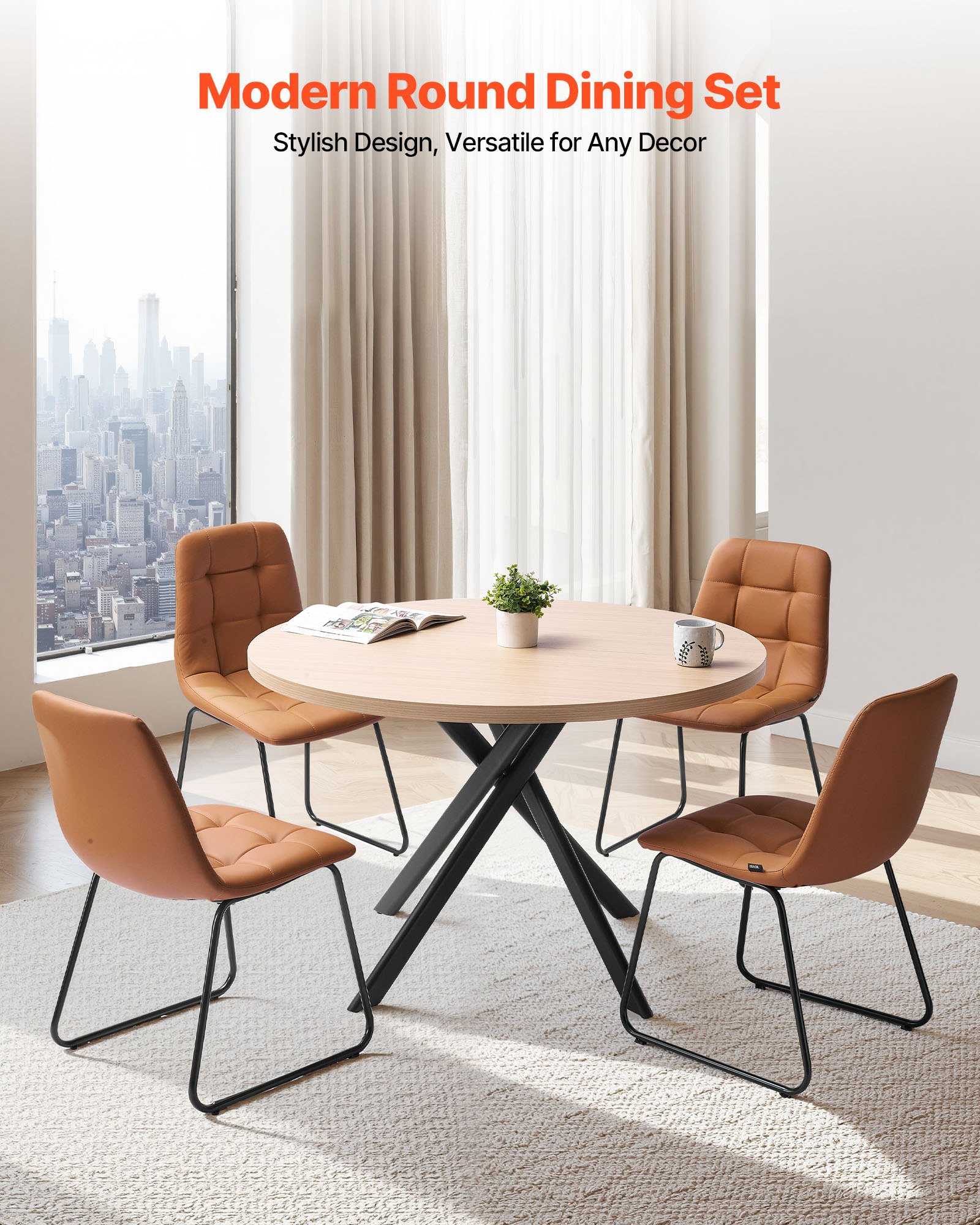 VEVOR 5-Piece Dining Table Set, Space-Saving Round Kitchen Table with 4 Upholstered Orange Chairs, PU Leather Cushions, Modern Wood-Tone Desk with Adjustable Foot Pads for Dining Room, Small Spaces