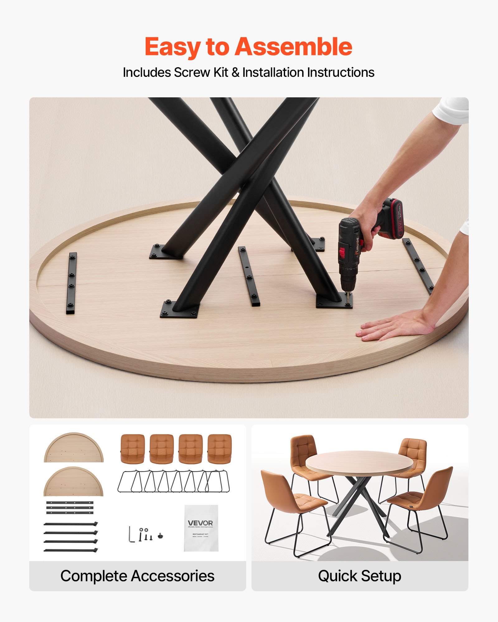 VEVOR 5-Piece Dining Table Set, Space-Saving Round Kitchen Table with 4 Upholstered Orange Chairs, PU Leather Cushions, Modern Wood-Tone Desk with Adjustable Foot Pads for Dining Room, Small Spaces