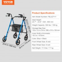 Rollator VEVOR dla seniorów, lekki, składany aluminiowy wózek do chodzenia z regulowanym siedziskiem i rączką, wózek do mobilności na świeżym powietrzu z 8-calowymi kołami terenowymi, nośność 300 funtów