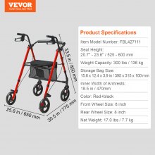 Roller VEVOR dla seniorów, składany, lekki, aluminiowy wózek z regulowanym siedziskiem i uchwytem, ​​wózek do mobilności na świeżym powietrzu z 8-calowymi kołami terenowymi, nośność 136 kg, czerwony