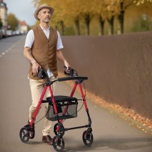 Roller VEVOR dla seniorów, składany, lekki, aluminiowy wózek z regulowanym siedziskiem i uchwytem, ​​wózek do mobilności na świeżym powietrzu z 8-calowymi kołami terenowymi, nośność 136 kg, czerwony