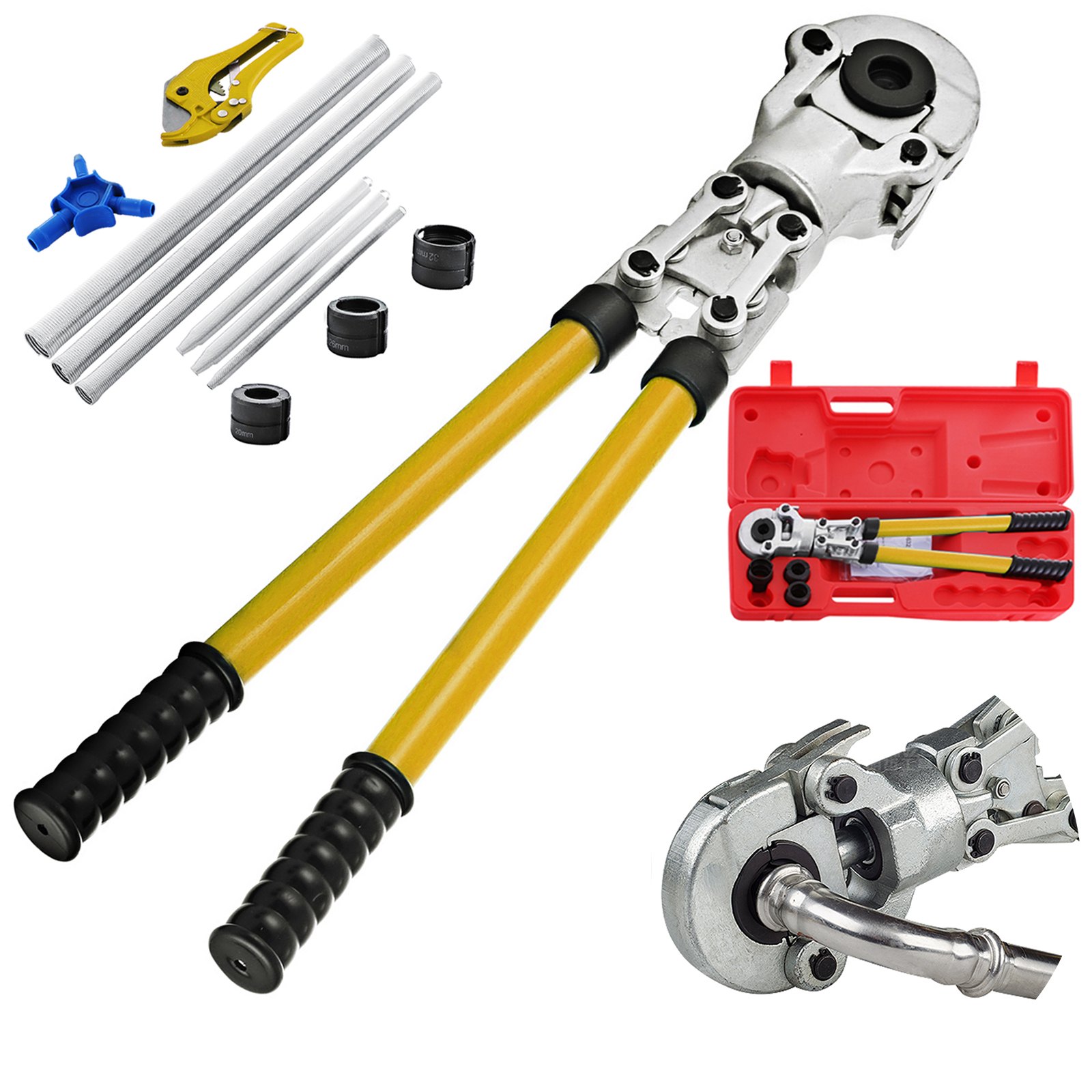 Szczypce zaciskowe VEVOR TH 16, TH 20, TH 26, TH 32, szczypce zaciskowe Ø 16-32 mm, szczypce zaciskowe do rur żółte, stalowe szczypce zaciskowe z ergonomiczną i antypoślizgową rękojeścią, szczypce zaciskowe do rur rozciągliwe 530-750 mm