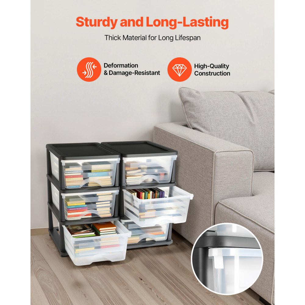 VEVOR Plastic Storage Drawers, 2 Pack Storage Organizer Drawer, 6 Drawers Closet Organization and Storage Dividers, Dresser Organizer Clear Bins for Office Supplies, Craft Rooms, Classrooms and Home