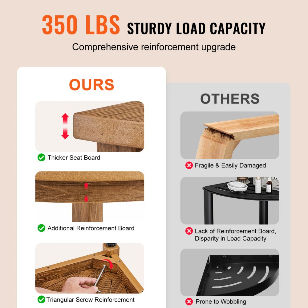 VEVOR Narożny taboret prysznicowy, 43 cm, polistyren wysokogatunkowy z usłojeniem drewna, nośność 158 kg, narożny taboret łazienkowy z miejscem do przechowywania, wodoodporny, taboret prysznicowy do prysznica wewnętrznego i zewnętrznego, brązowy