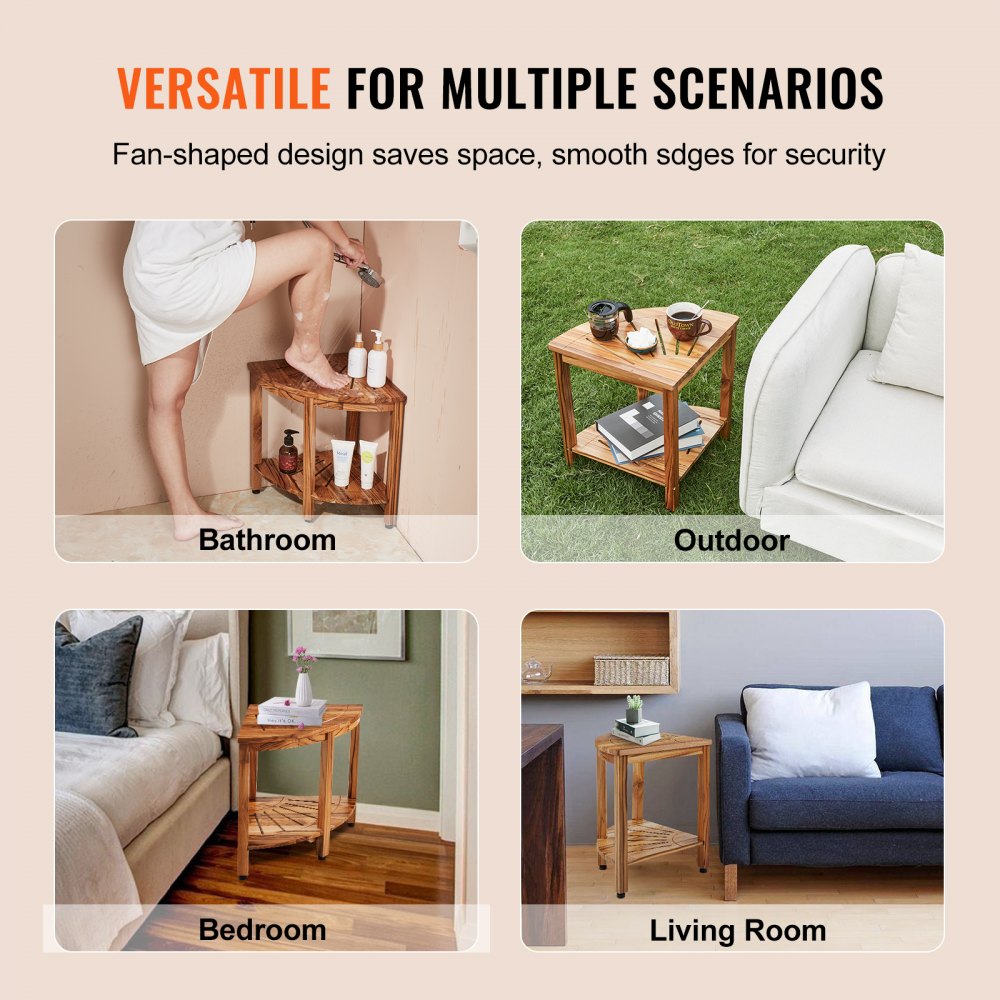 Ławka prysznicowa narożna VEVOR z drewna tekowego, wysokość 47 cm, wykonana w 100% z drewna tekowego, odporna na pleśń, 227 kg z miejscem do przechowywania, stołek prysznicowy do pryszniców wewnętrznych i zewnętrznych, do łazienki