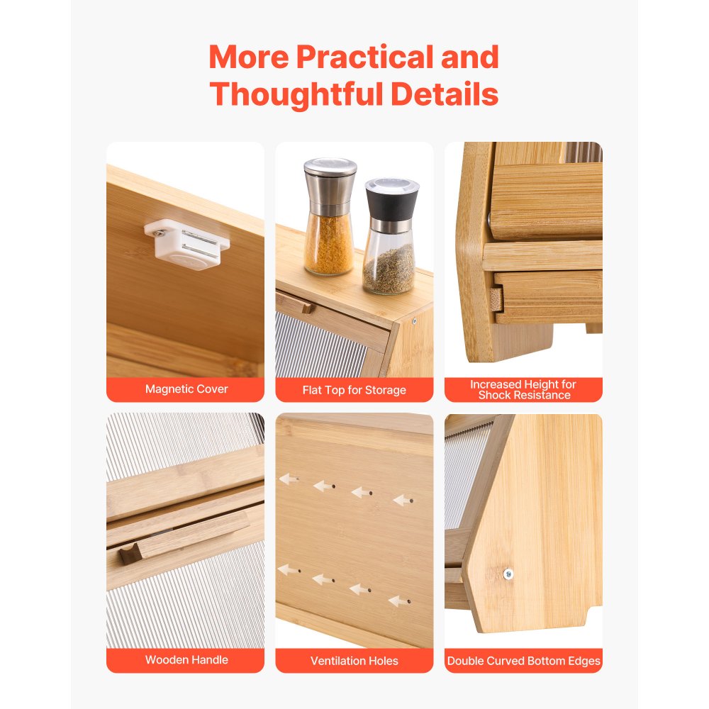 VEVOR Double Layer Bread Box for Kitchen Counter, Large Capacity Bamboo Bread Storage Container, Farmhouse Wooden Breadbox for Homemade Bread, Storage Holder Bin with Acrylic Wavy Door Panel, Natural