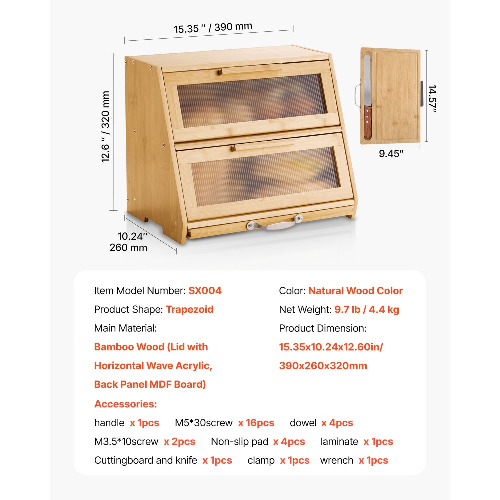 VEVOR Double Layer Bread Box for Kitchen Counter, Large Capacity Bamboo Bread Storage Container, Farmhouse Wooden Breadbox for Homemade Bread, Storage Holder Bin with Acrylic Wavy Door Panel, Natural