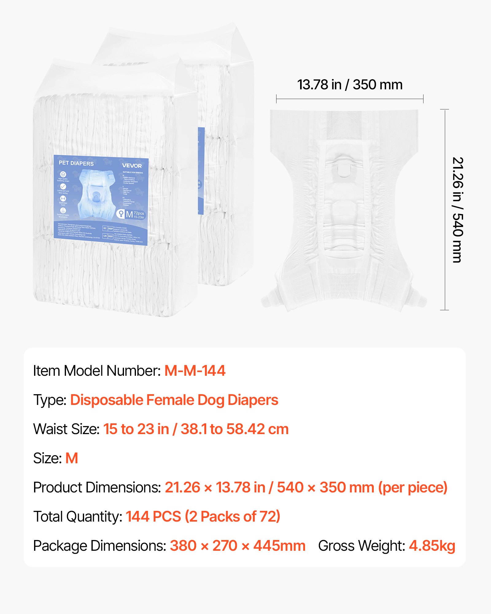 Pieluchy dla psów VEVOR, obwód w pasie 15-23 cali, pieluchy jednorazowe, ochrona przed przeciekaniem 360° ze wskaźnikiem wilgotności dla suczek, po operacji, do treningu, przy nietrzymaniu moczu, rozmiar M, 2 opakowania po 72 szt.