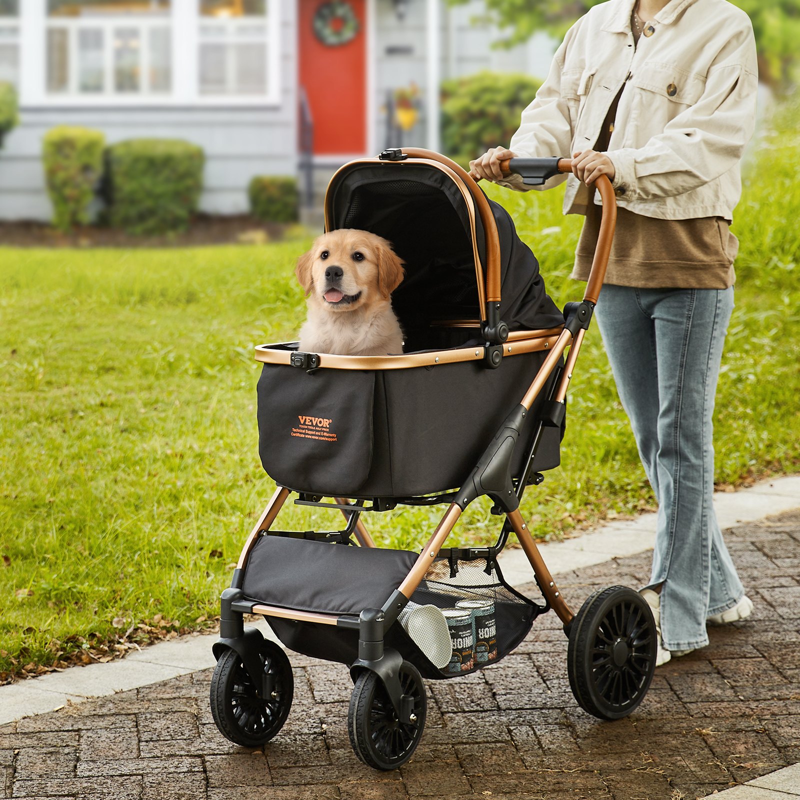VEVOR Dog Stroller 59x85x105cm Dog Cart 30kg Load Capacity Foldable Dog Trolley Aluminum Frame 800D Oxford Fabric Nylon Mesh Window 4 PU Wheels Dog Box Pet Stroller Cat Stroller Pet Transport