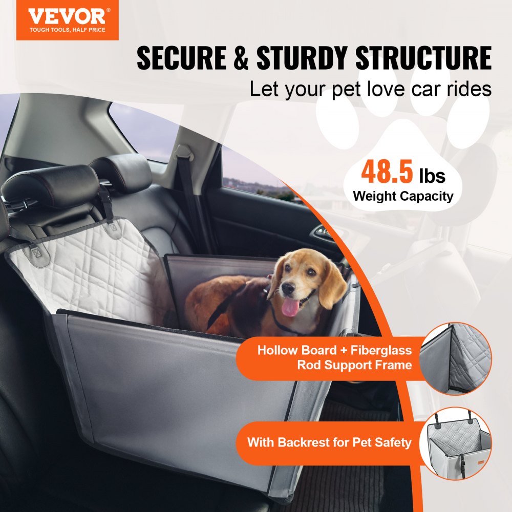 VEVOR Dog Car Seat, Waterproof Dog Booster Seat for Cars with Support Frame, Pet Car Seat with Attachable Safety Leash, Dog Car Bed for Small, Medium and Large Dogs up to 22 kg, Grey