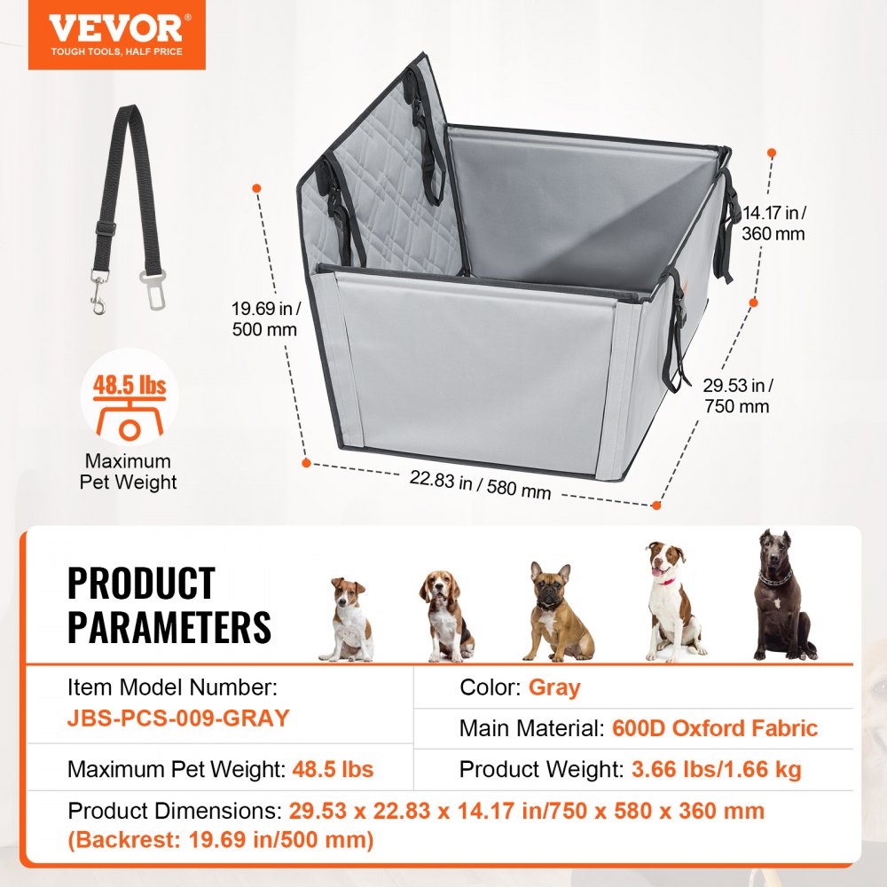 VEVOR Dog Car Seat, Waterproof Dog Booster Seat for Cars with Support Frame, Pet Car Seat with Attachable Safety Leash, Dog Car Bed for Small, Medium and Large Dogs up to 22 kg, Grey
