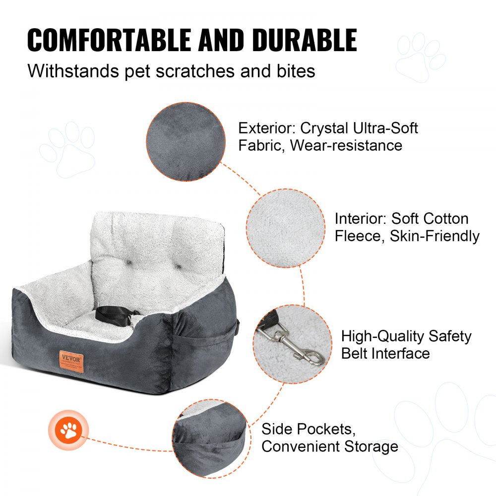 Fotelik samochodowy dla psa VEVOR, podwyższający fotelik dla psa z wysokim oparciem, torba do przechowywania, dopinana smycz, wypełnienie z bawełny PP, legowisko samochodowe dla małych psów do 20 funtów, ciemnoszary