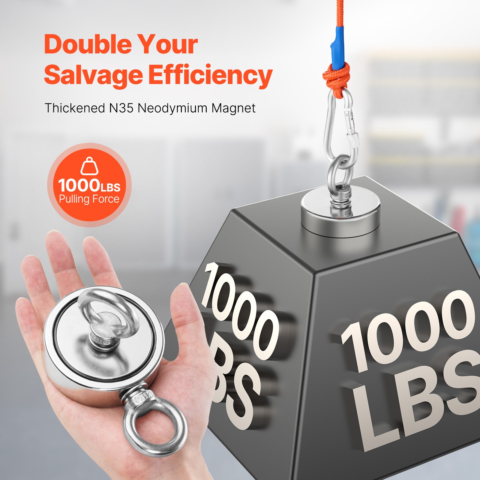 Zestaw wędkarski VEVOR z magnesem magnetycznym (pomarańczowy) o sile naciągu 450 kg z obu stron, z magnesem neodymowym ziem rzadkich, w tym hak z liną, rękawice (niebieskie), klej oczkowy
