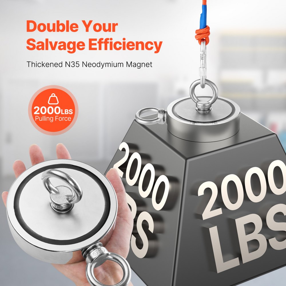 Zestaw wędkarski VEVOR z magnesem magnetycznym (pomarańczowy) o sile naciągu 907 kg z obu stron, z magnesem neodymowym ziem rzadkich, w tym haczyk, wytrzymała lina, rękawice (niebieskie), śruba oczkowa