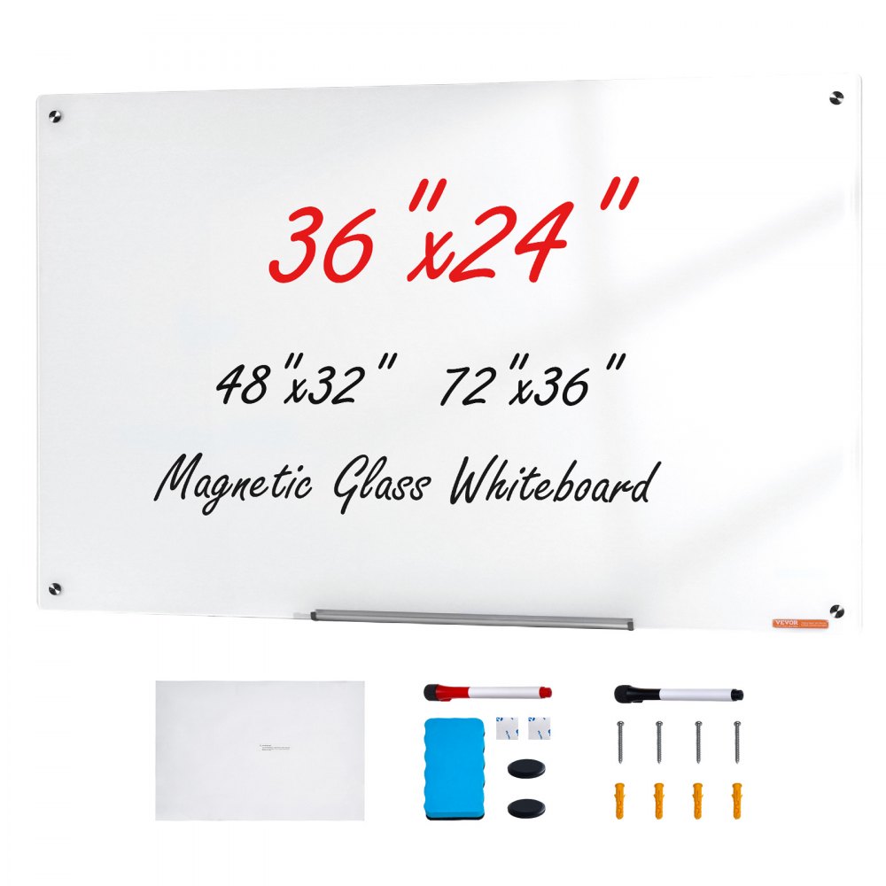 VEVOR Magnetyczna szklana tablica suchościeralna 90 x 60 cm, biała szklana tablica ścienna bez ramki, z półką na pisaki, gąbką i 2 pisakami, magnetyczna tablica biała
