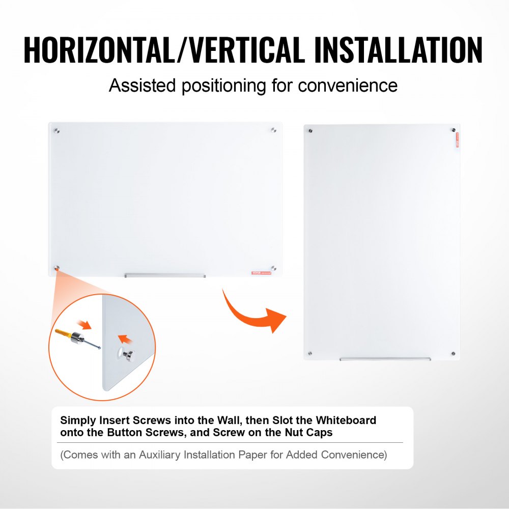VEVOR Magnetyczna szklana tablica suchościeralna 90 x 60 cm, biała szklana tablica ścienna bez ramki, z półką na pisaki, gąbką i 2 pisakami, magnetyczna tablica biała