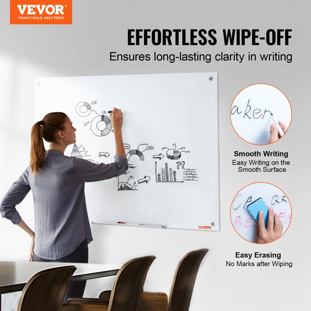 VEVOR Magnetic Glass Whiteboard, Dry Erase Board 1200 x 800 mm, Wall-Mounted Large White Glassboard Frameless, with Marker Tray, an Eraser and 2 Markers, White