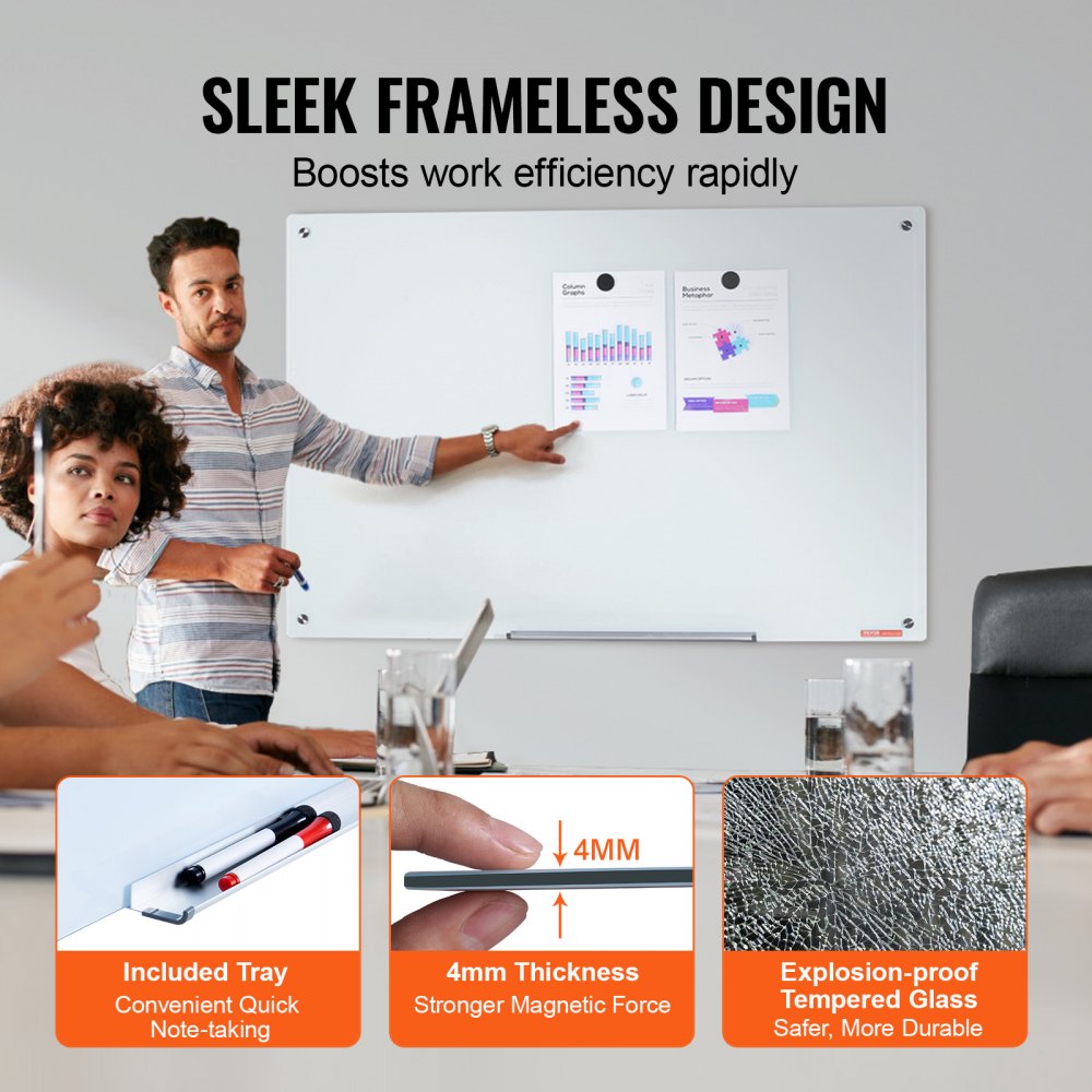 VEVOR Magnetic Glass Whiteboard, Dry Erase Board 1200 x 800 mm, Wall-Mounted Large White Glassboard Frameless, with Marker Tray, an Eraser and 2 Markers, White