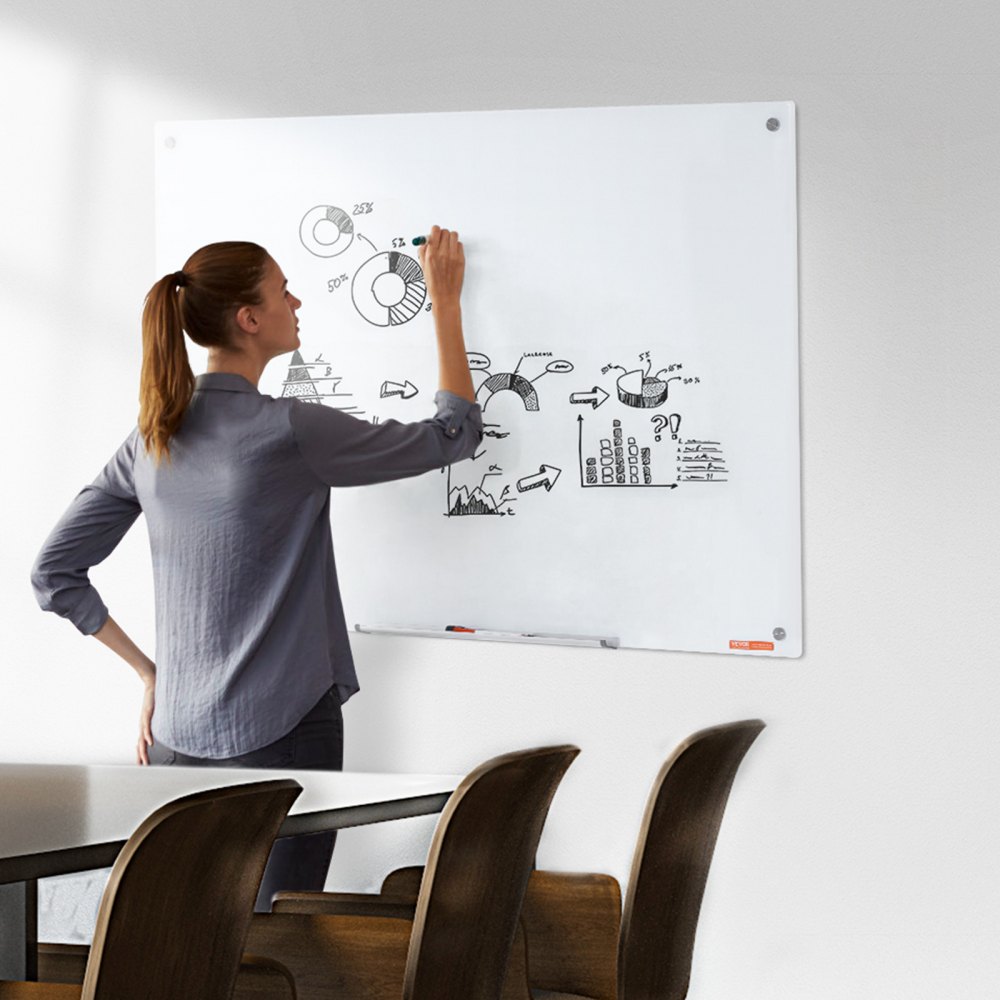 VEVOR Magnetic Glass Whiteboard, Dry Erase Board 1200 x 800 mm, Wall-Mounted Large White Glassboard Frameless, with Marker Tray, an Eraser and 2 Markers, White