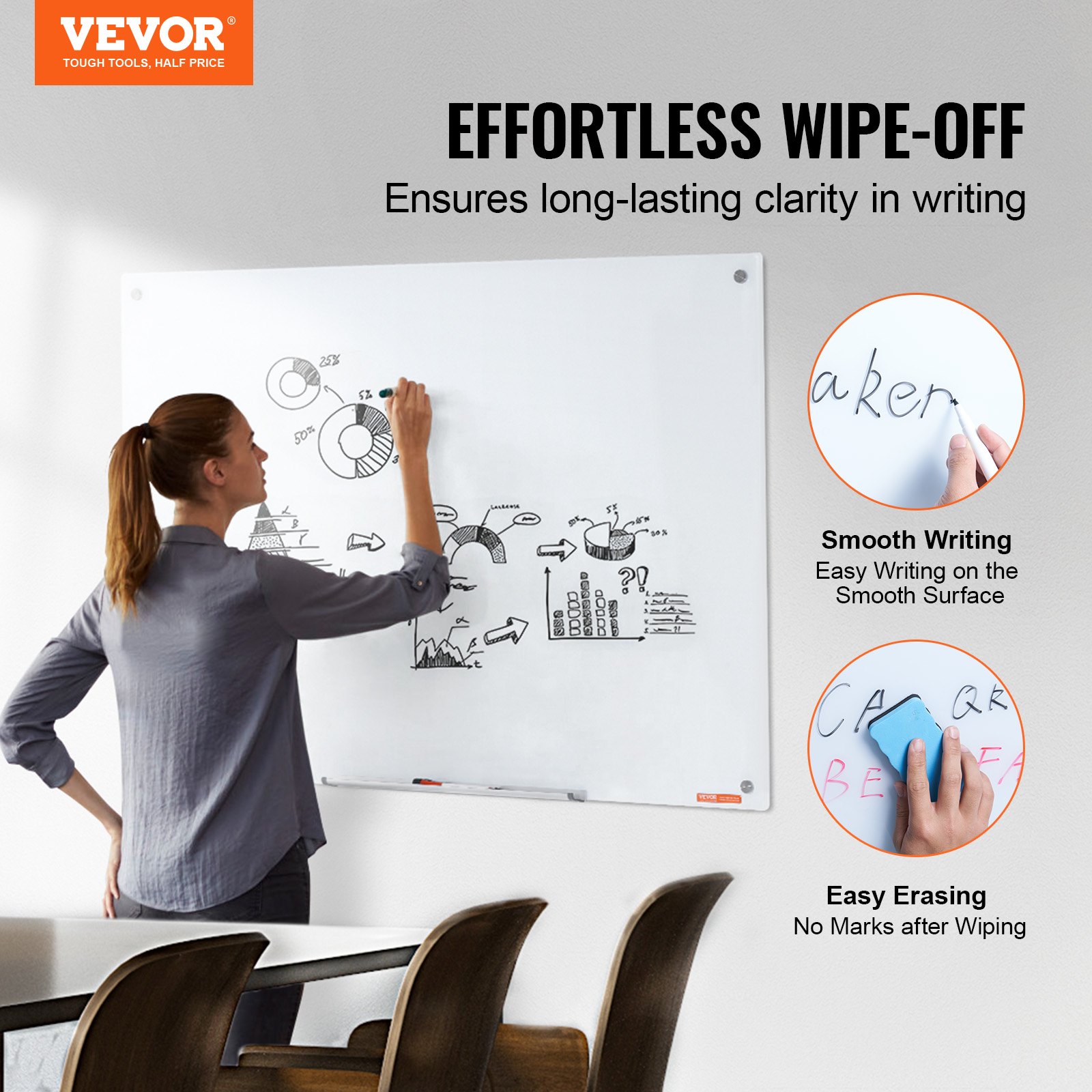 VEVOR Magnetic Glass Whiteboard, Dry Erase Board 1200 x 800 mm, Wall-Mounted Large White Glassboard Frameless, with Marker Tray, an Eraser and 2 Markers, White