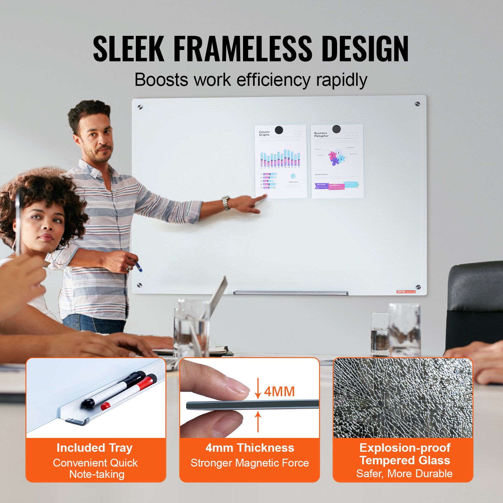 VEVOR Magnetic Glass Whiteboard, Dry Erase Board 1200 x 800 mm, Wall-Mounted Large White Glassboard Frameless, with Marker Tray, an Eraser and 2 Markers, White