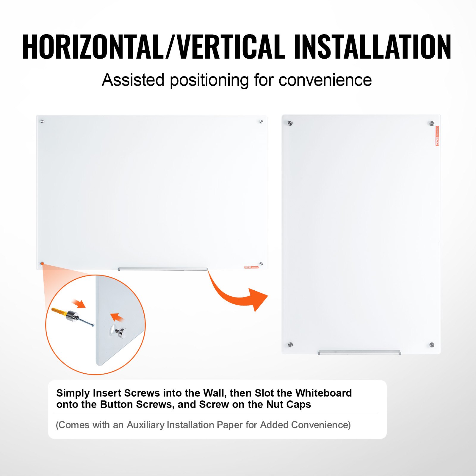VEVOR Magnetic Glass Whiteboard, Dry Erase Board 1200 x 800 mm, Wall-Mounted Large White Glassboard Frameless, with Marker Tray, an Eraser and 2 Markers, White