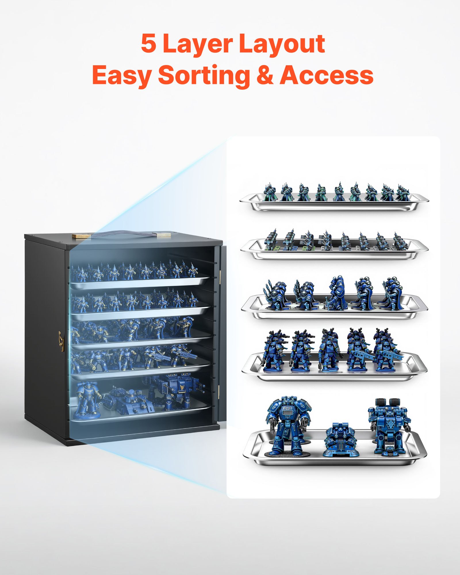 VEVOR Miniatures Storage Case, Fits for 1:1000-1:1500 Scale Models, Wooden Miniatures Display Holder with 5 Tray & 11 Slots, Clear View Miniature Transport Case for Collectibles (Minis Not Included)