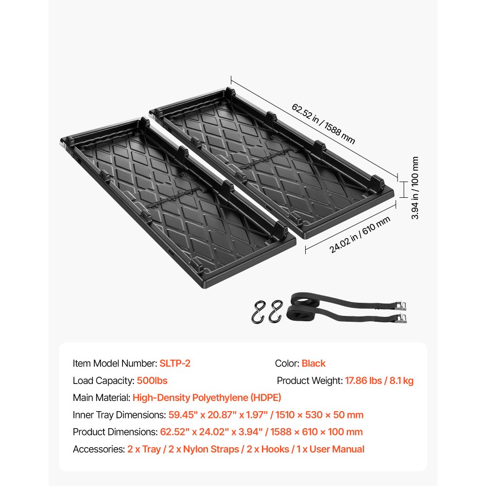 VEVOR 2 szt. Rozkładane prowadnice do skrzyni ładunkowej do pickupów 1588 x 610 mm HDPE, nośność 226,8 kg, do pełnowymiarowych pickupów z platformą o długości od 1,70 m, z 2 pasami nylonowymi, hakami i 4 otworami montażowymi