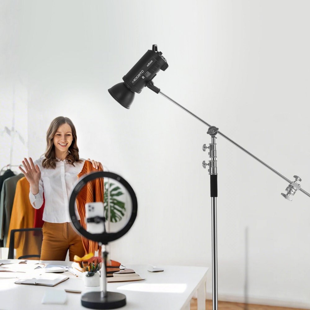 Statyw VEVOR C z ramieniem wysięgnika, maks. wysokość 330 cm, wytrzymały statyw fotograficzny ze stali nierdzewnej z regulowaną wysokością od 1463 do 2987 mm, 2 głowice uchwytowe do monolightu studyjnego, softboxa i reflektora