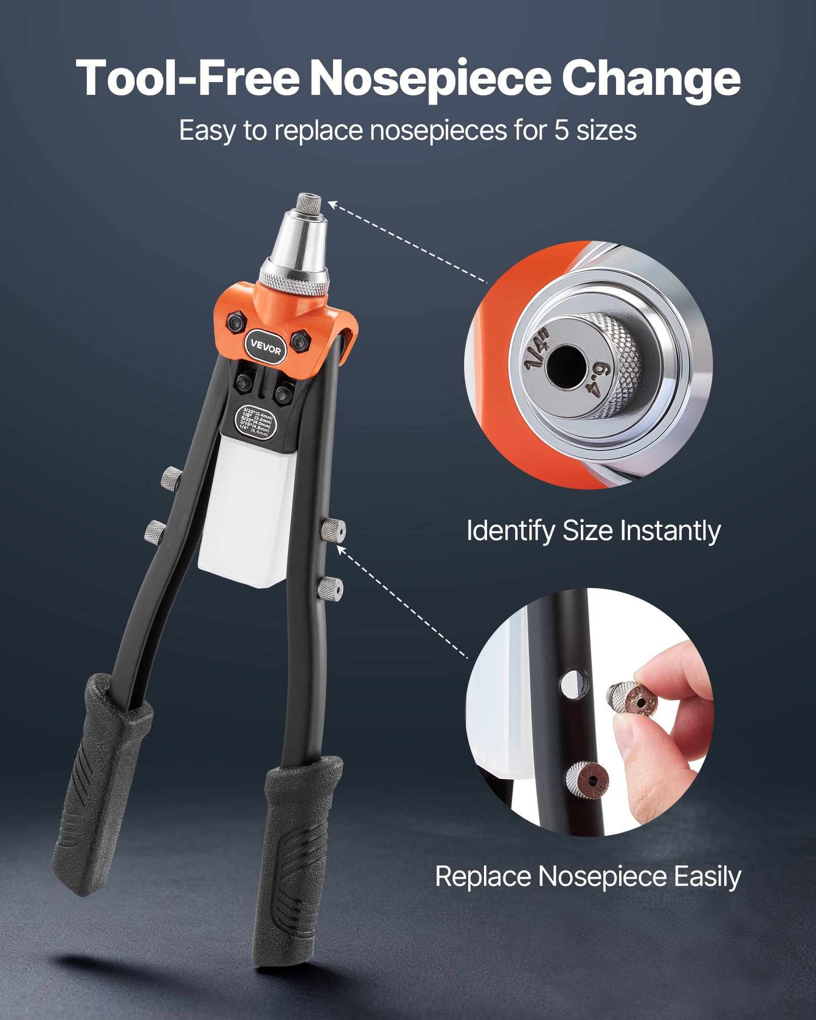 Zestaw nitownicy VEVOR z 230 nitami zrywalnymi, nitownica z 5 wymiennymi dyszami i 5 wiertłami oraz walizką do przechowywania, ręczna nitownica do metalu, artykuły DIY, nitownica dwuręczna