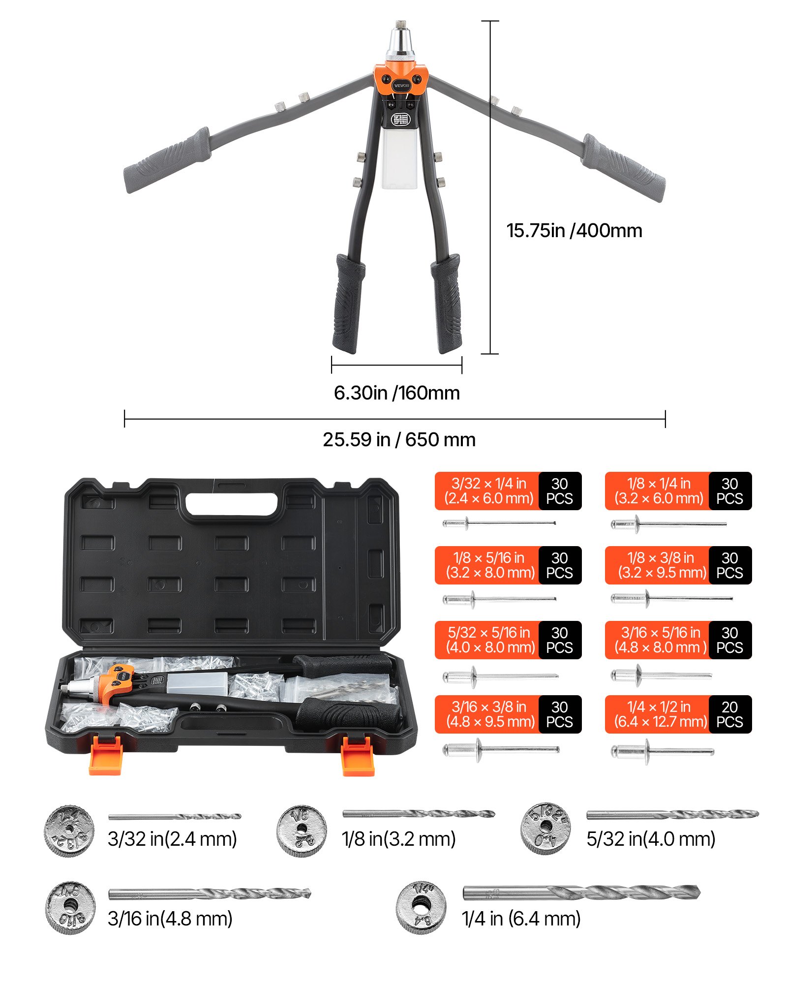 Zestaw nitownicy VEVOR z 230 nitami zrywalnymi, nitownica z 5 wymiennymi dyszami i 5 wiertłami oraz walizką do przechowywania, ręczna nitownica do metalu, artykuły DIY, nitownica dwuręczna