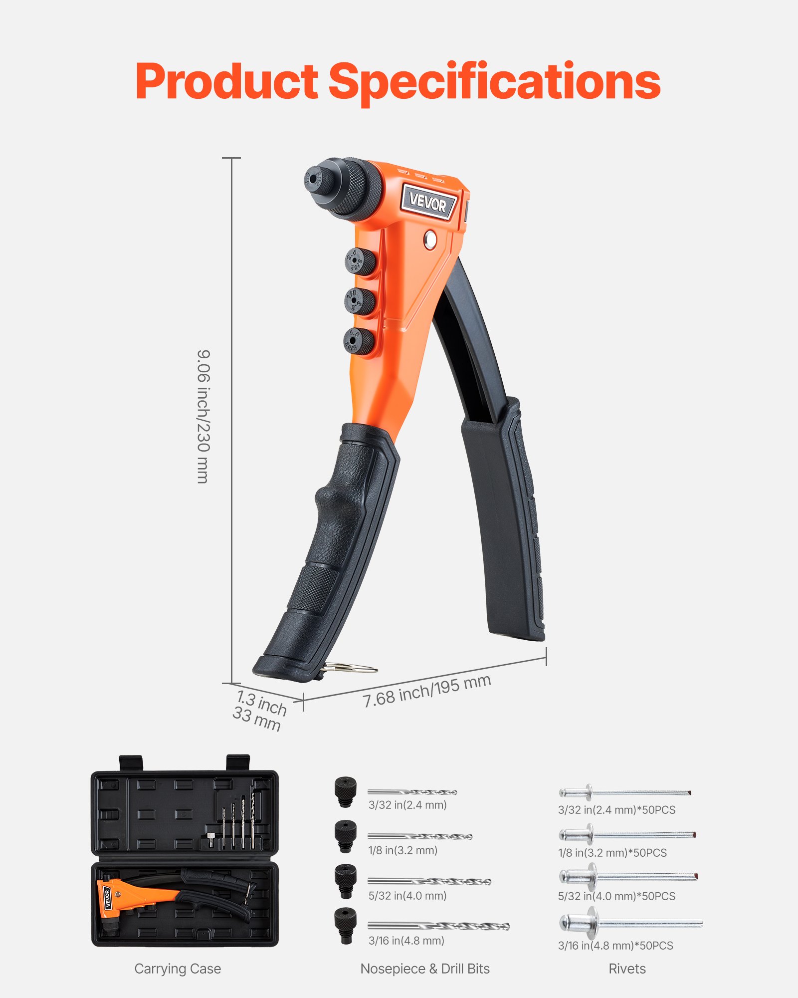 Zestaw nitownicy VEVOR z 200 nitami zrywalnymi, nitownica z 4 wymiennymi dyszami i 4 wiertłami oraz walizką do przechowywania, ręczna nitownica do metalu, artykuły DIY, nitownica jednoręczna