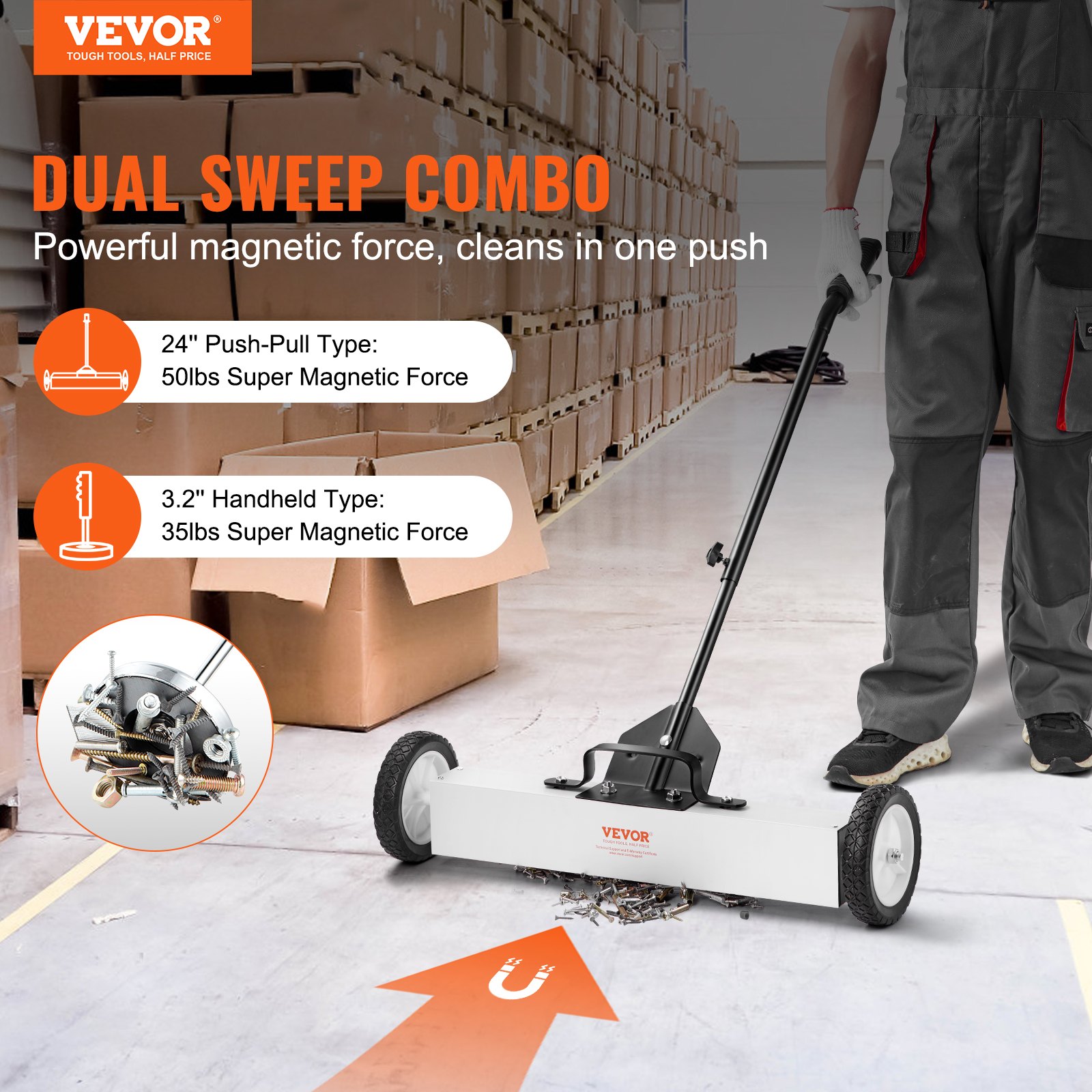 VEVOR 24-inch Magnetic Sweeper with Wheels, 50 lbs Capacity, with Extendable Magnetic Pickup Tool, Adjustable Handle, Magnetic Pickup Sweeper for Collecting Nails and Screws, for Workshop, Garage, Yard