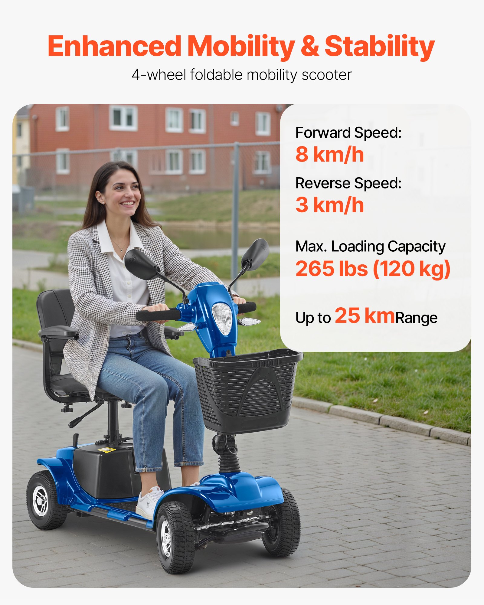 VEVOR 4-kołowy elektryczny skuter inwalidzki dla seniorów, skuter inwalidzki o zasięgu 25 km, terenowy wózek inwalidzki z kołami antypoślizgowymi, zdolność pokonywania wzniesień 9° i nośność 120 kg, kolor niebieski