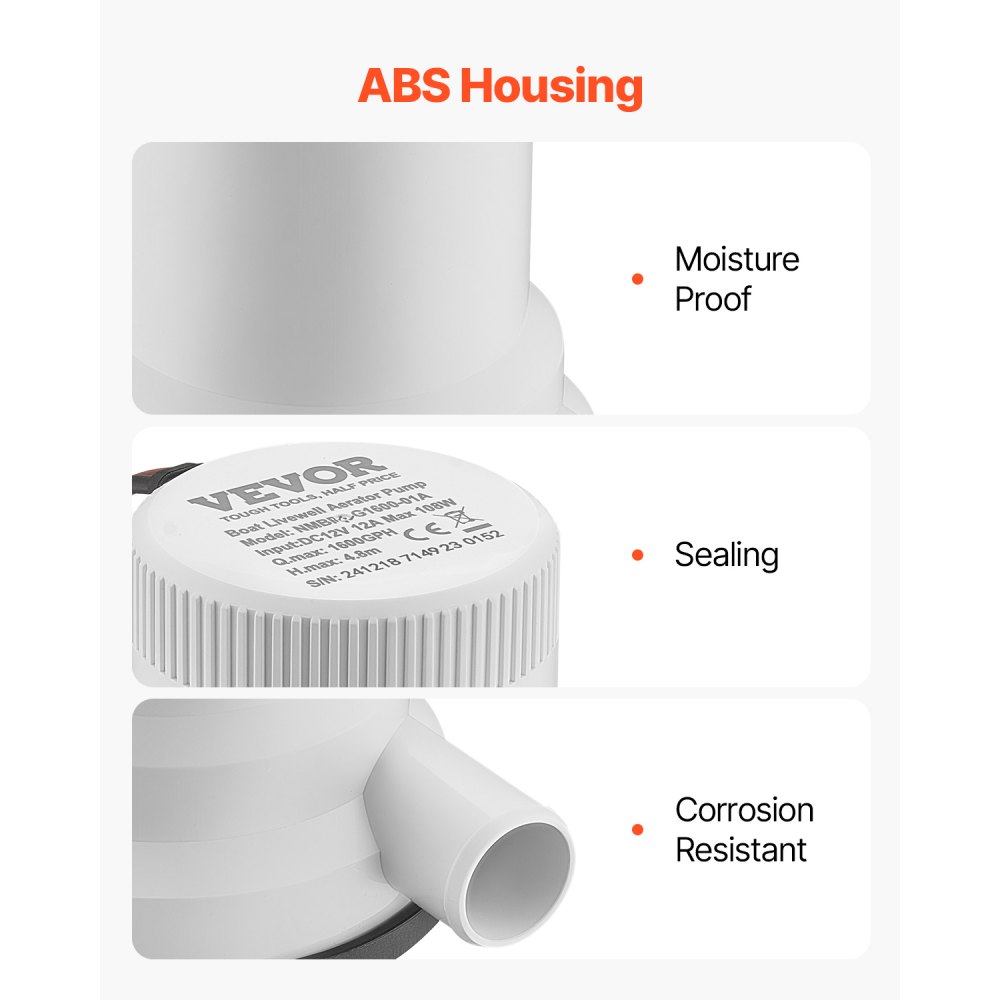 Pompa napowietrzająca do studzienek VEVOR 12 V, 1600 GPH, prosta, do łodzi, z podwójnym wlotem, obudową ABA, wyjmowanym wkładem silnika, odporna na korozję pompa napowietrzająca do studzienek do wody słodkiej i słonej
