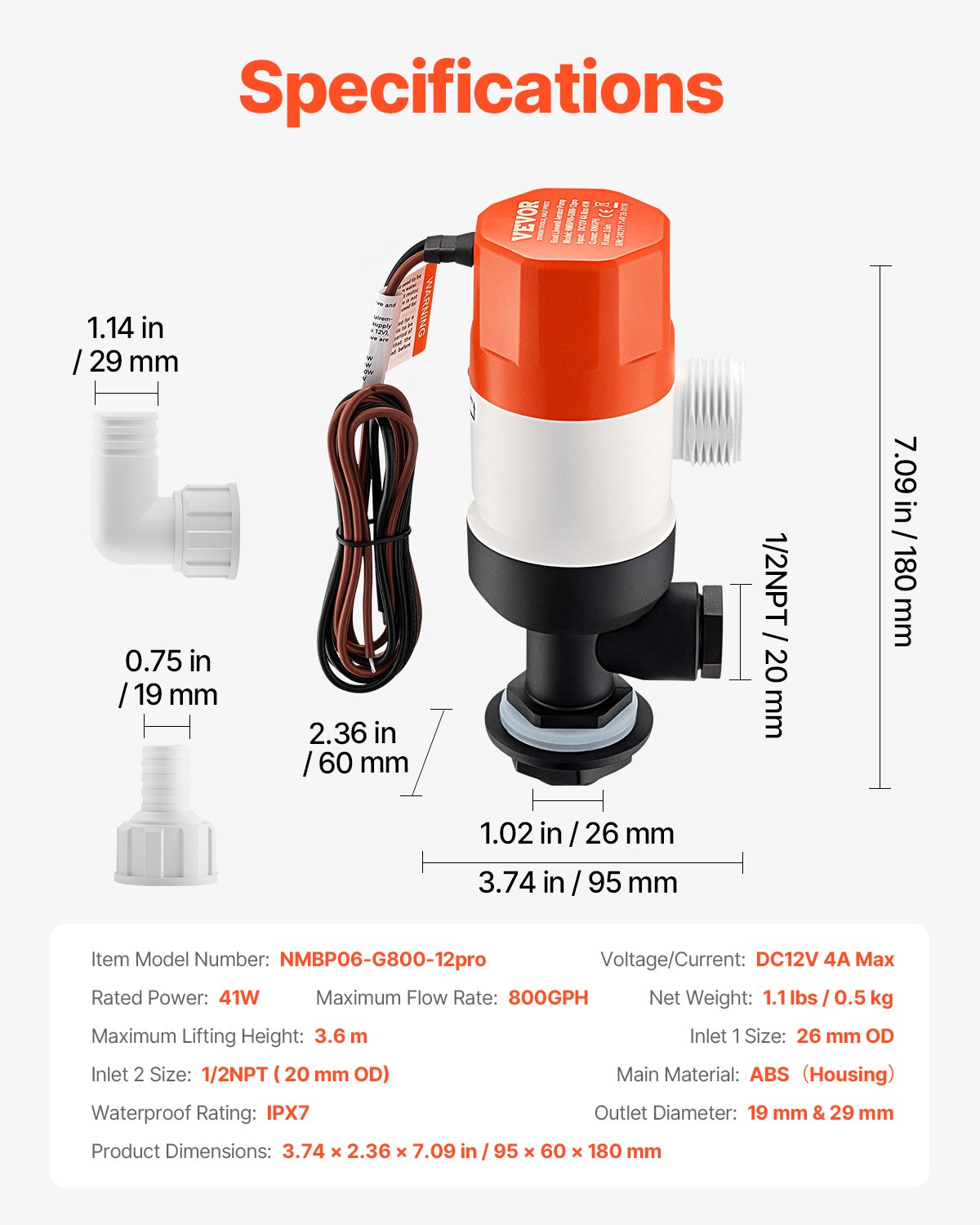 Pompa napowietrzająca do studzienek VEVOR 12 V, 800 GPH, prosta, do łodzi, z podwójnym wlotem, obudową ABA, wyjmowanym wkładem silnika, odporna na korozję pompa napowietrzająca do studzienek do wody słodkiej i słonej