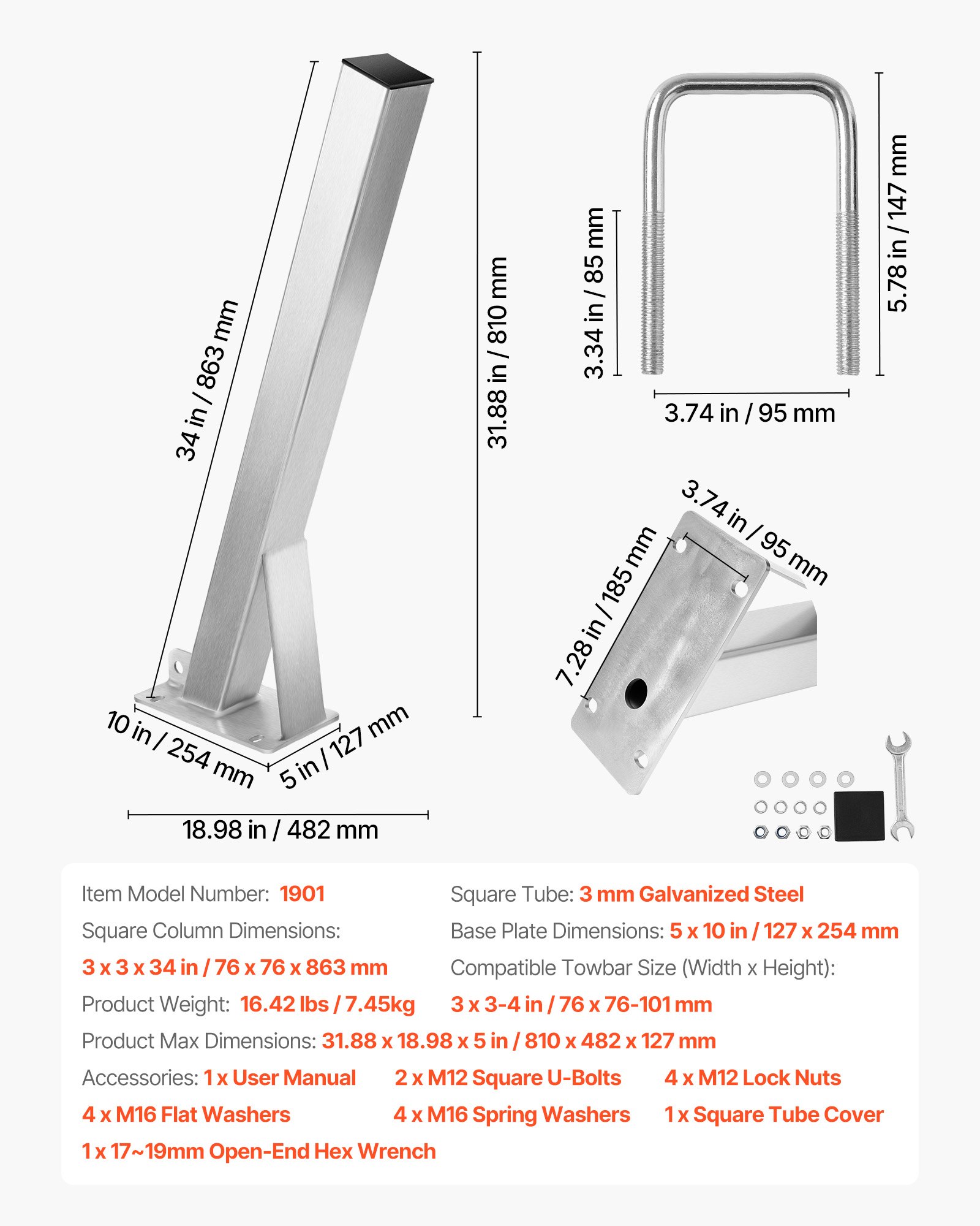 VEVOR winch stand, winch bracket for boat trailers, boat winch mount with U-bolt for 76x76-101 mm trailer hitch, galvanized, suitable for jet skis, sailboats, fishing boats, speedboats