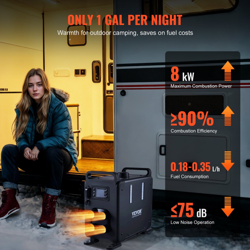 VEVOR 5-8KW Nagrzewnica Diesla 12 V / 24 V Uniwersalny nagrzewnica powietrza Diesla ze sterowaniem przez aplikację Bluetooth, pilotem, wyświetlaczem i alarmem CO, szybkie nagrzewanie, pionowa, przenośna nagrzewnica Diesla
