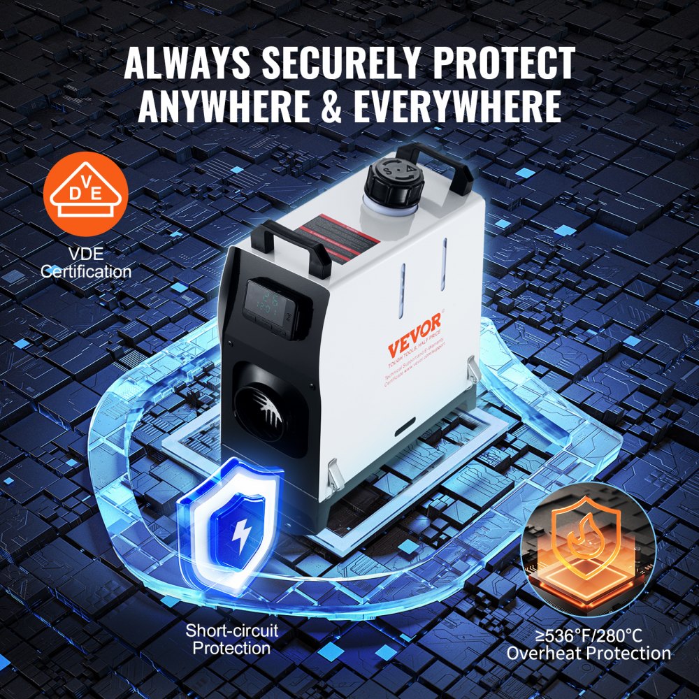 Nagrzewnica VEVOR 5-8 kW na olej napędowy, wielofunkcyjny podgrzewacz powietrza na olej napędowy z pilotem i ekranem LCD, szybkie nagrzewanie, niski poziom hałasu, przenośny podgrzewacz na olej napędowy do ciężarówek, furgonetek i kamperów