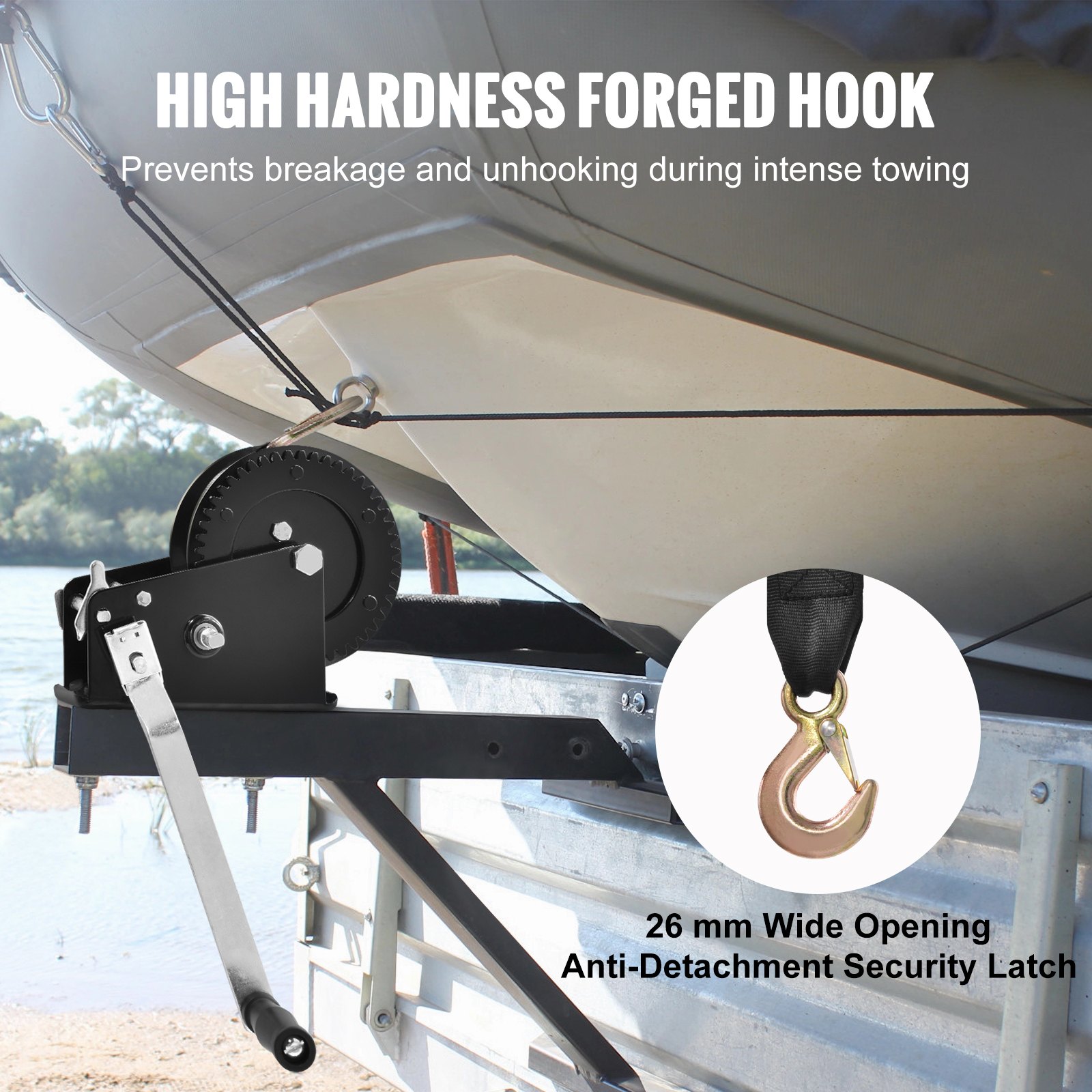 Wciągarka linowa VEVOR 1587,5 kg Wciągarka linowa ręczna 160 x 160 x 180 mm Wciągarka do łodzi Wciągarka ręczna z zapadką dwukierunkową / 2-biegowa z paskiem poliestrowym o długości ok. 10 m Wciągarka pasowa z ergonomicznym uchwytem Wciągarka linowa ręczna do pojazdów i łodzi