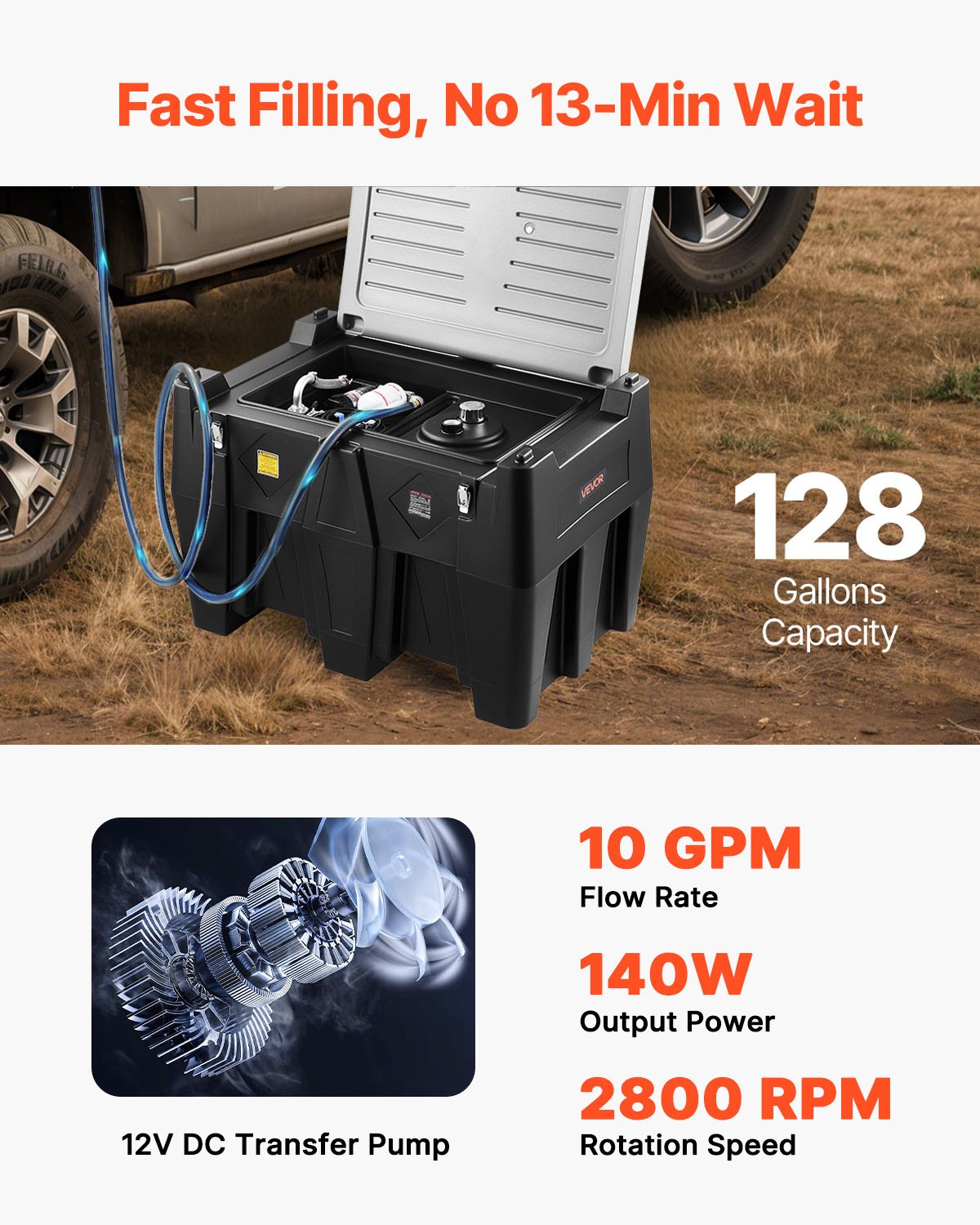 Przenośny zbiornik na olej napędowy VEVOR, pojemność 484,5 l i przepływ 45 l/min, zbiornik na paliwo gazowe z pompą transferową 12 V i 4-metrowym wężem gumowym, zbiorniki transferowe na olej napędowy do transportu paliwa, czarne