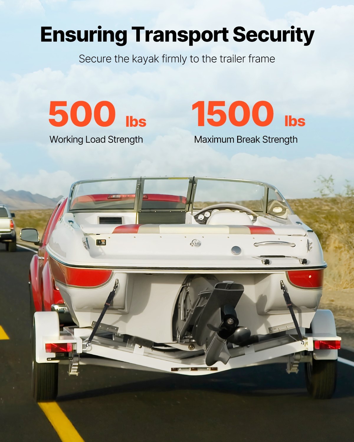 Pasy mocujące VEVOR z zapadką, 5,08 x 121,92 m, z blokadą bezpieczeństwa i hakiem S, zestaw 2 wytrzymałych pasów o wytrzymałości 680,4 kg i nośności znamionowej 226,8 kg, do przyczep, pojazdów i łodzi